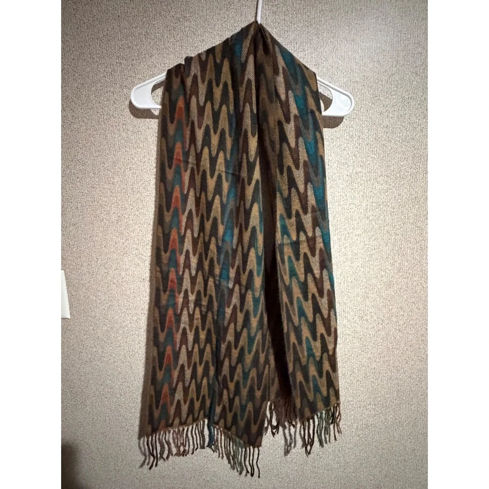 Preston & York Scarf Brown Teal Zigzag Chevron Fringe Acrylic Made in Germany